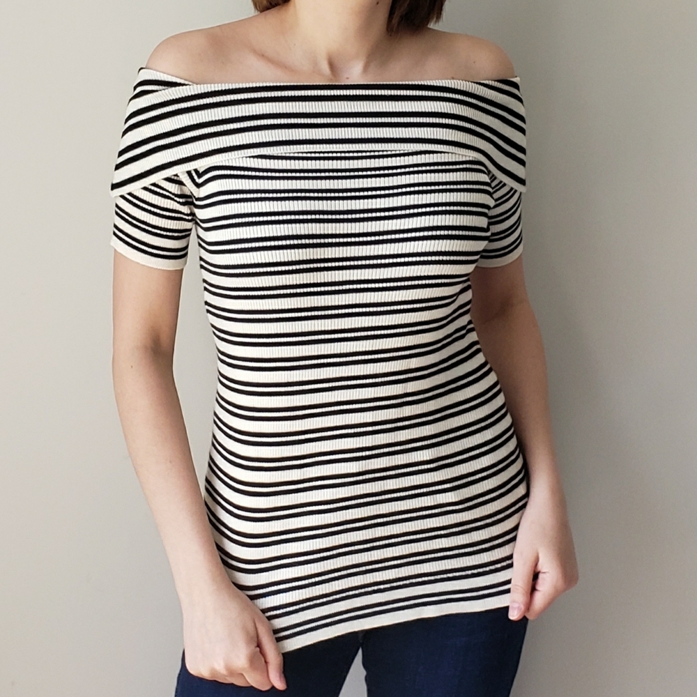 The Limited Striped Off the Shoulder Top S Ribbed Black and White